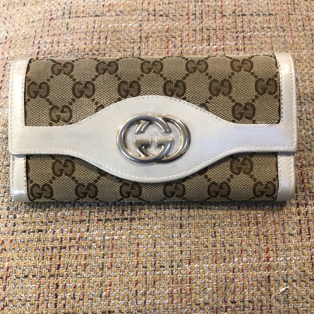 GUCCI GG Full Length Canvas & Silver Gold Leather Wallet GG Clasp